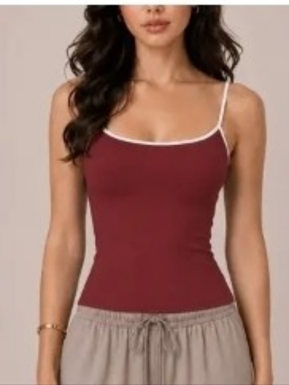 Heart & Hips Burgundy Ribbed Square-Neck Cami with White Trim